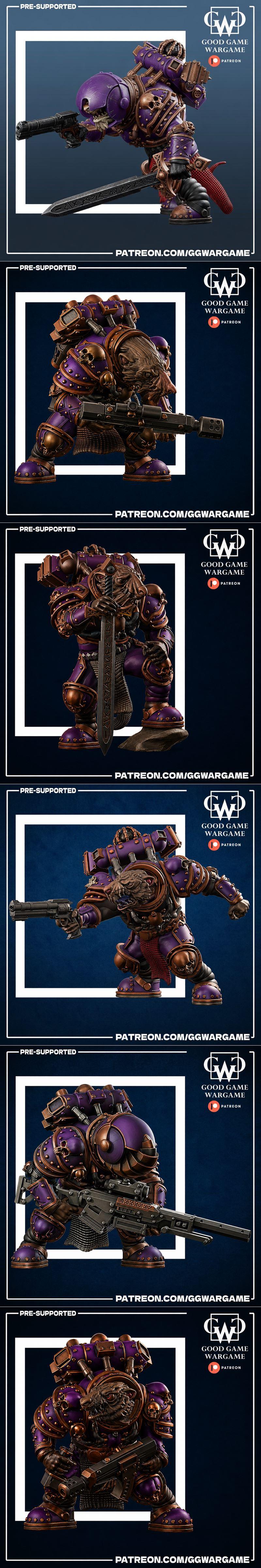 Collection of 3D printable miniatures: Chaos Space Marine with rifle, reptilian warriors with shields and spears, and...