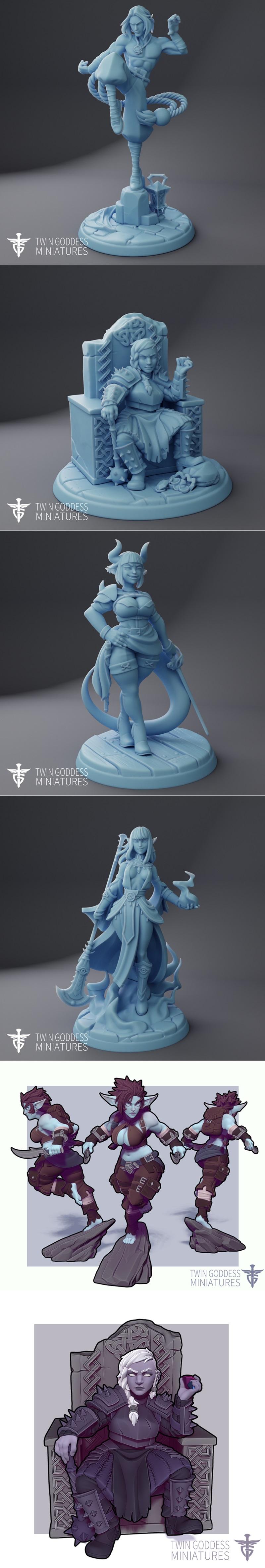 Collection of fantasy miniatures from Twin Goddess Miniatures, featuring female elves and warriors with swords and bo...