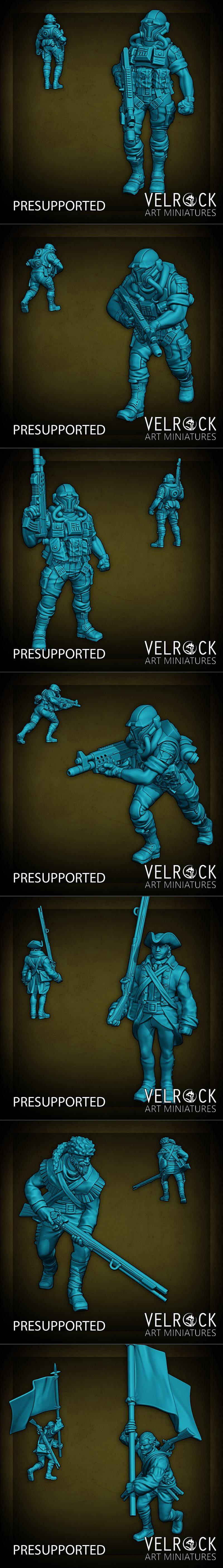 Collection of 3D printable miniatures: historical soldiers with muskets and flag, and futuristic soldiers with rifles...