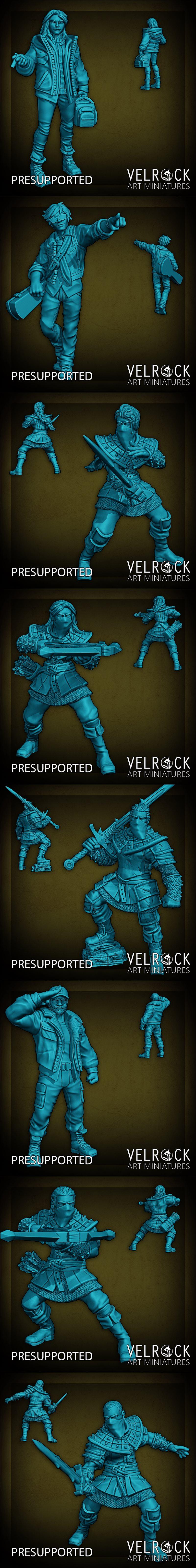 Collection of teal-colored 3D printable miniatures: a group of three figures in rugged, modern attire; a squad of fou...