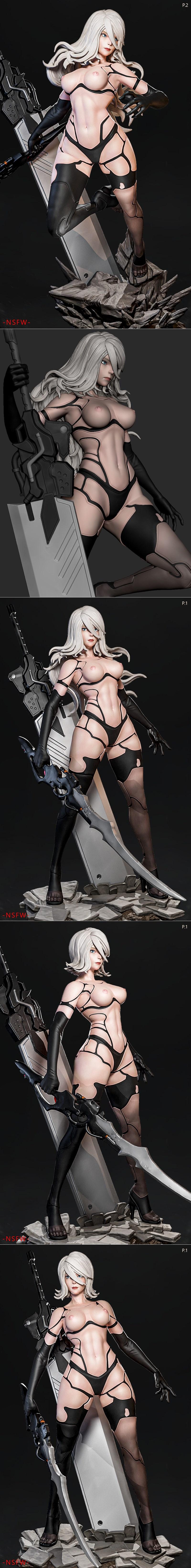 A2 from Nier Automata in a dynamic pose, wearing a black revealing outfit and holding a large sword, standing on a ro...