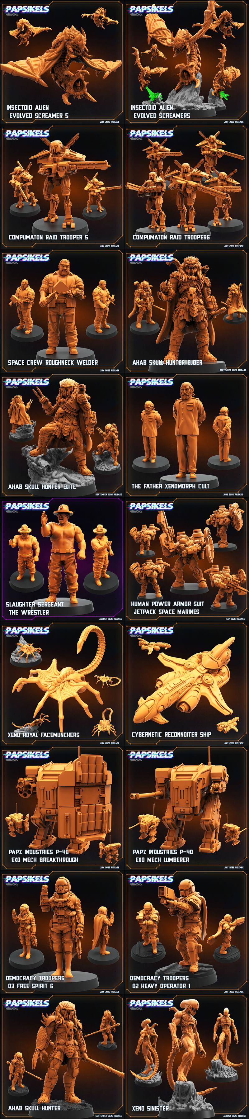 Collection of 3D printable miniatures: futuristic covert operatives with sci-fi weapons and a group of civilian-attir...