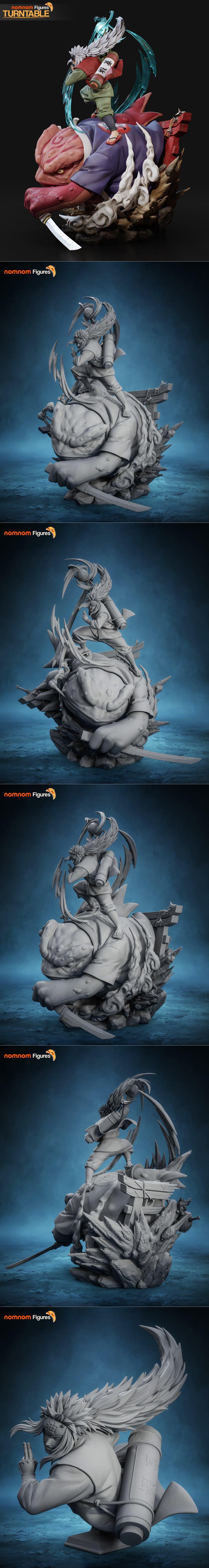 Jiraiya in Sage Mode performing Rasengan, standing on a toad summon, with swirling energy effects. Model by Nomnom Fi...