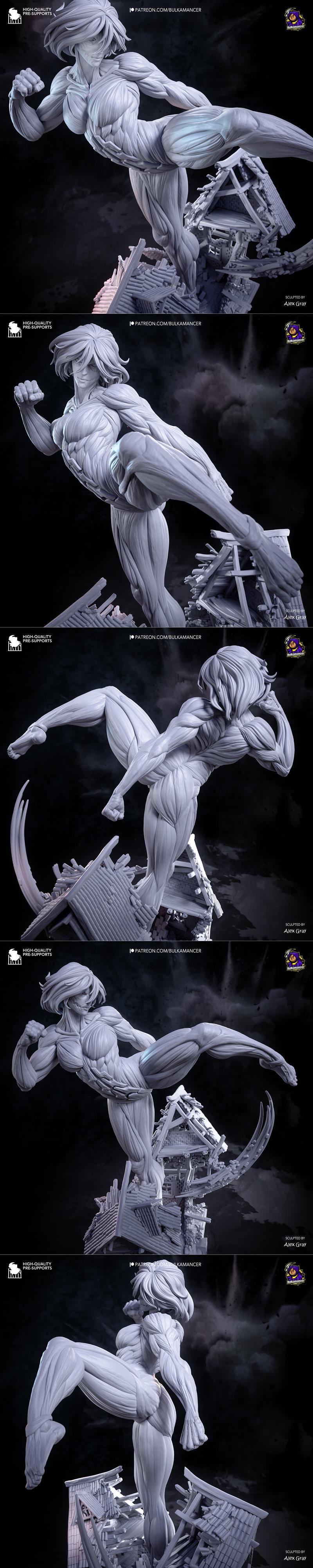Female Titan in a powerful, muscular pose, standing on a ruined building, with dramatic lighting.