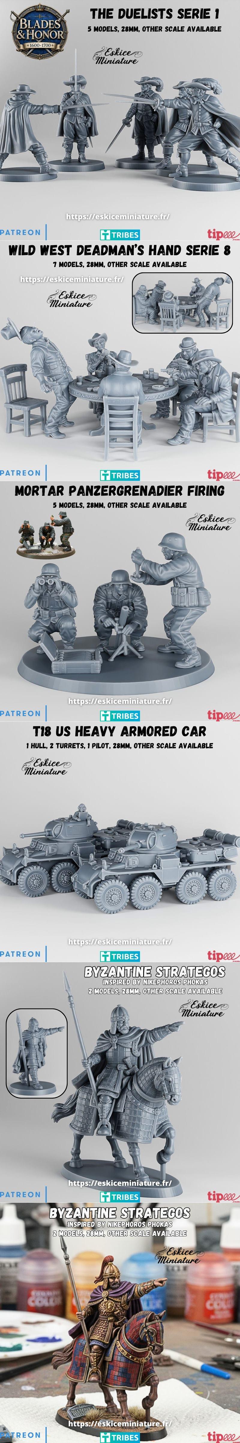 Collection of 3D printable miniatures: "TH Black Column" soldiers in gas masks and coats, historical figure...