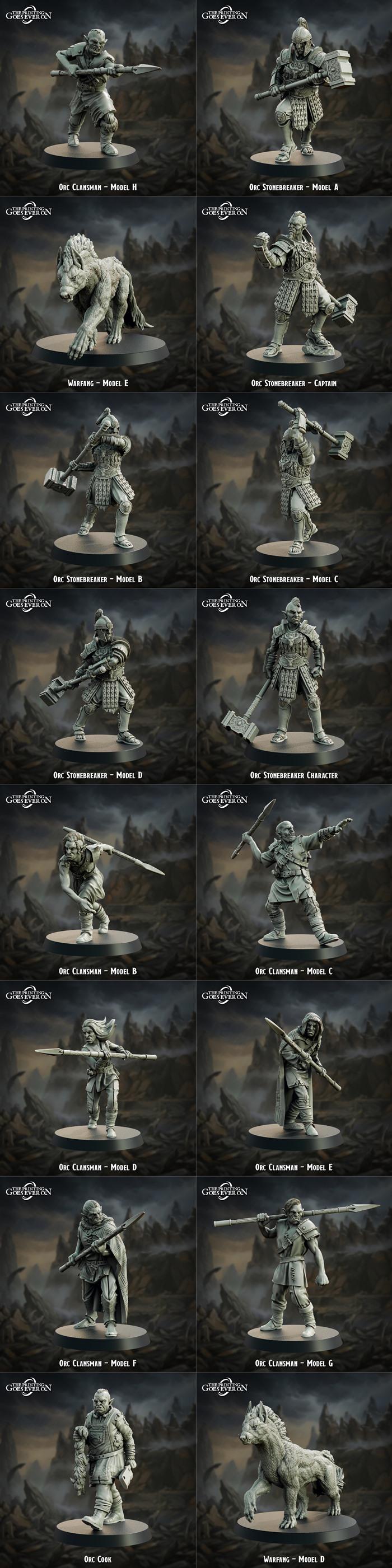 Collection of fantasy miniatures for 3D printing, including large monsters like a centipede-like Ashquake Burrower, a...