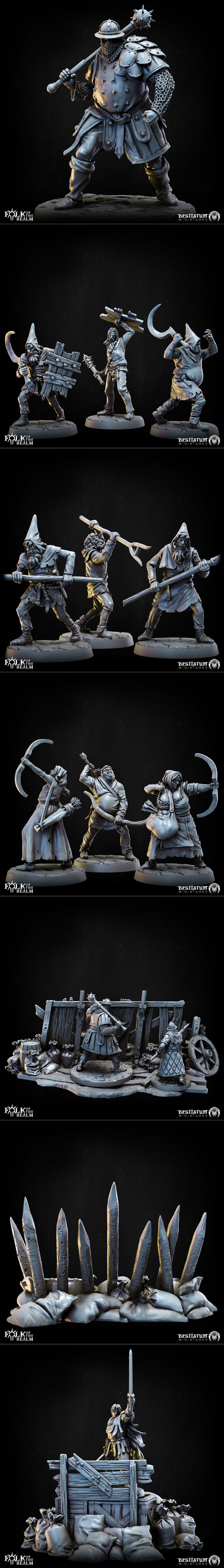 Collection of grimdark fantasy miniatures for tabletop gaming, including guards, peasants, and terrain pieces, all fr...