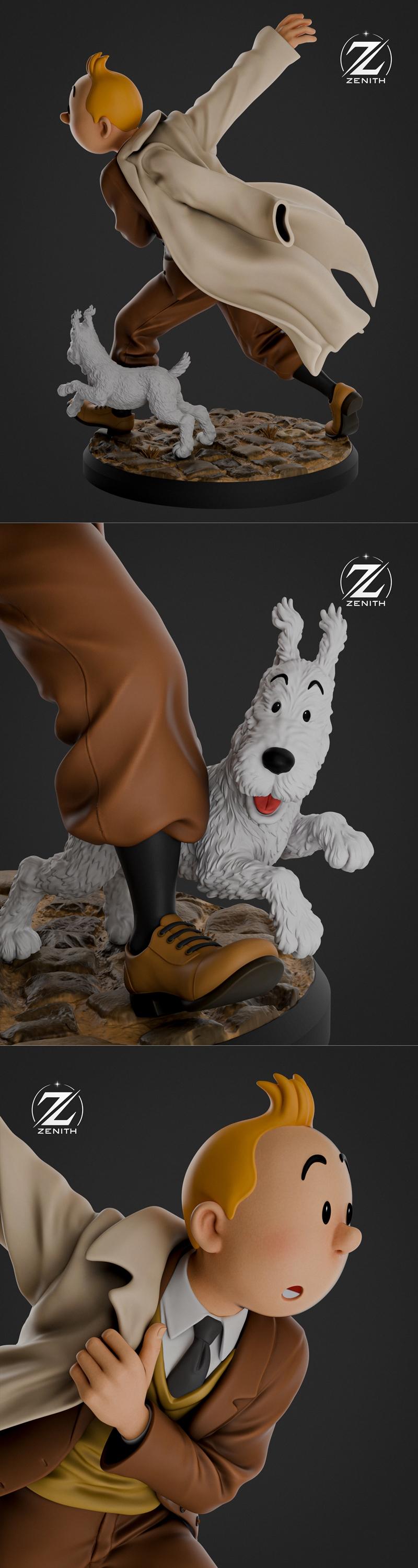 Tintin running with Snowy the dog, wearing a trench coat and brown suit, on a cobblestone base with Venetian-style ar...