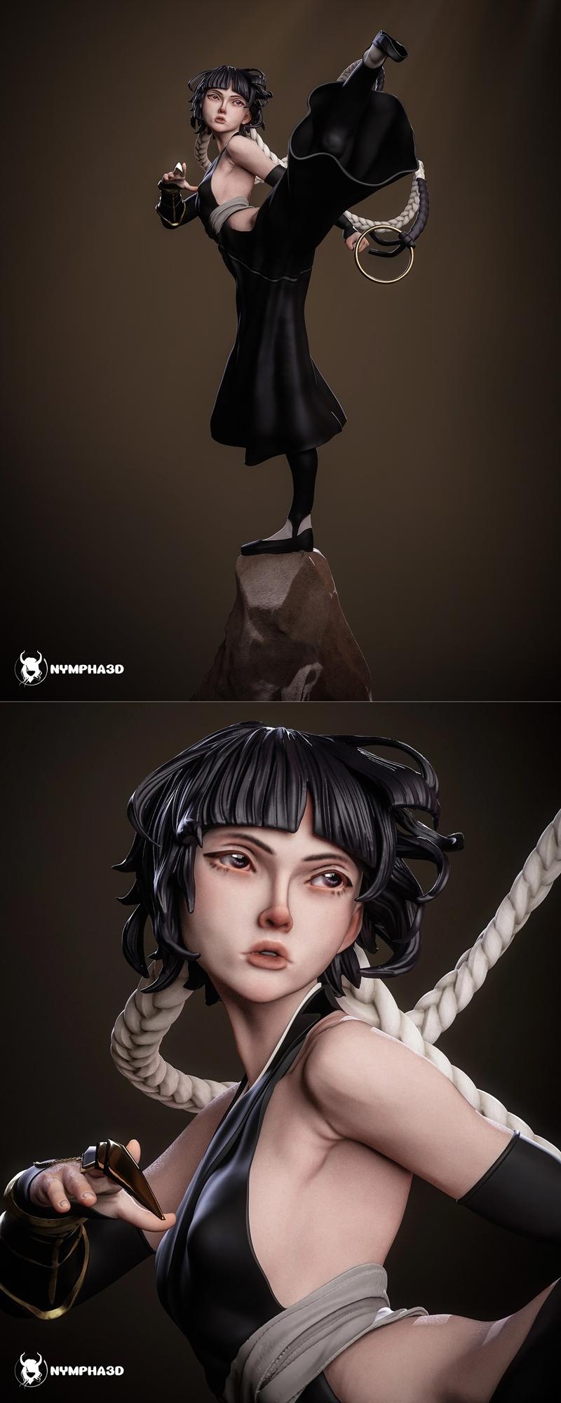 Soi Fon from Bleach in a dynamic kick pose, wearing a black dress and black armbands, standing on a rock. Her hair is...