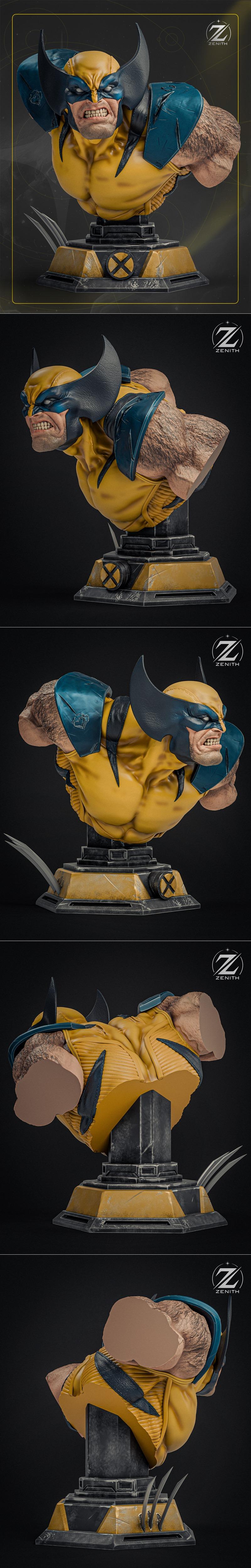 Wolverine in a dynamic action pose, claws extended, wearing his iconic yellow and blue costume. Detailed musculature...