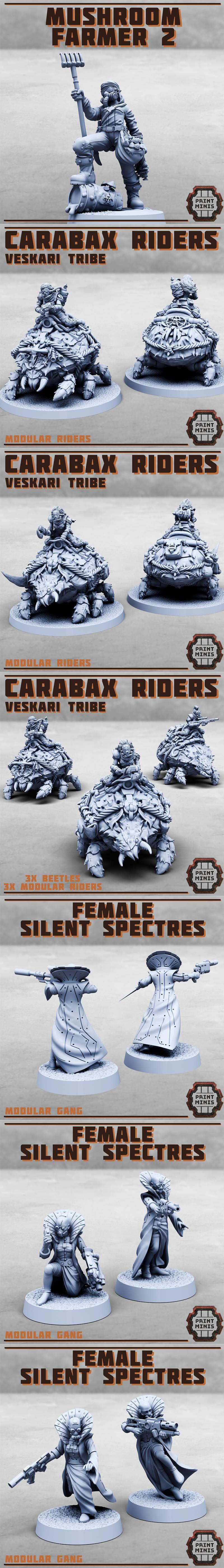 Collection of sci-fi miniatures including female soldiers, mushroom farmers with gas masks, gang sentries in trench c...