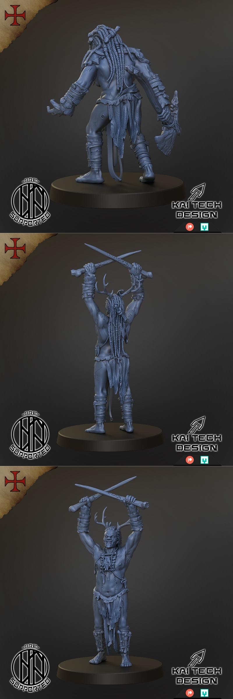 Three orc miniatures: one with an axe and skull helmet, one bare-chested with antlers holding swords, and one roaring...