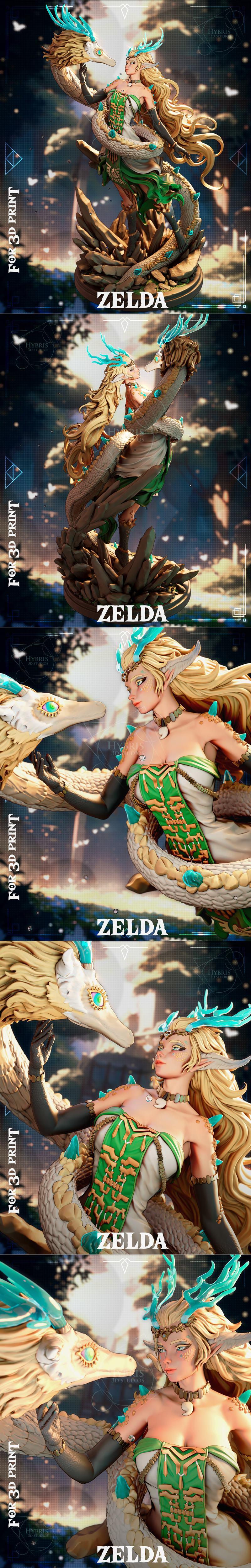 3D model of Zelda with dragon features, entwined with a serpent, standing on a rocky base. Hybris Studios.