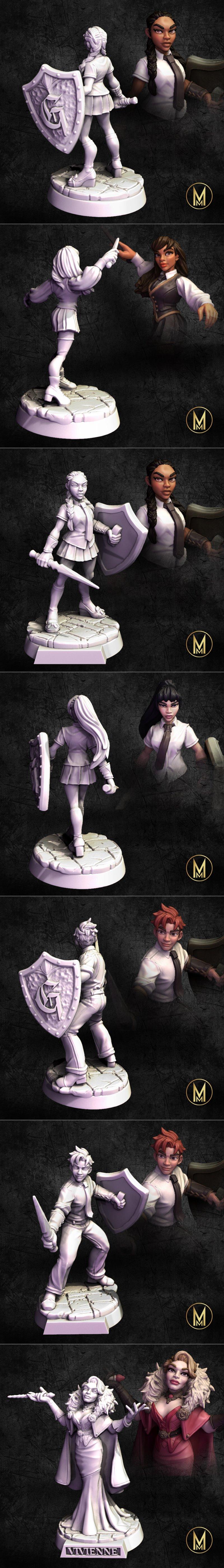 Collection of fantasy miniatures depicting students in school uniforms, some holding wands and others swords and shie...