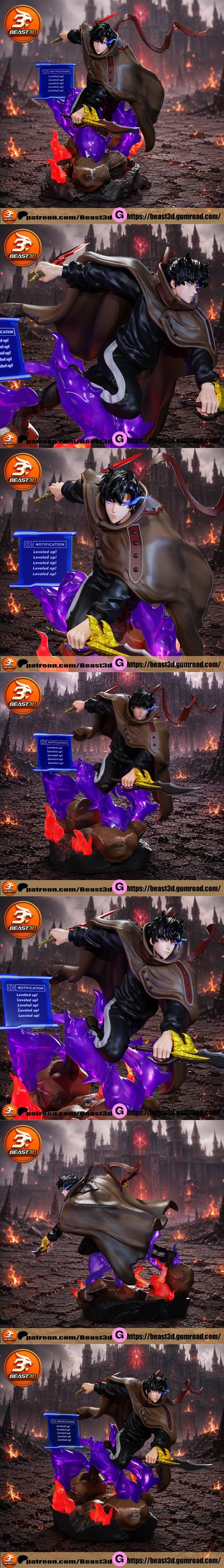 Sung Jin-Woo from Solo Leveling in an action pose, wielding a dagger with purple energy and flames around him, on a f...