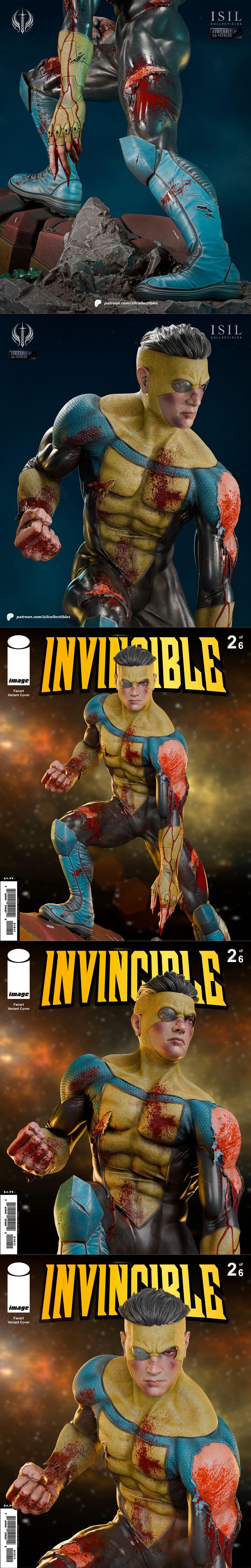 Invincible superhero figure in a damaged, bloody suit, standing on a rocky diorama base with debris.