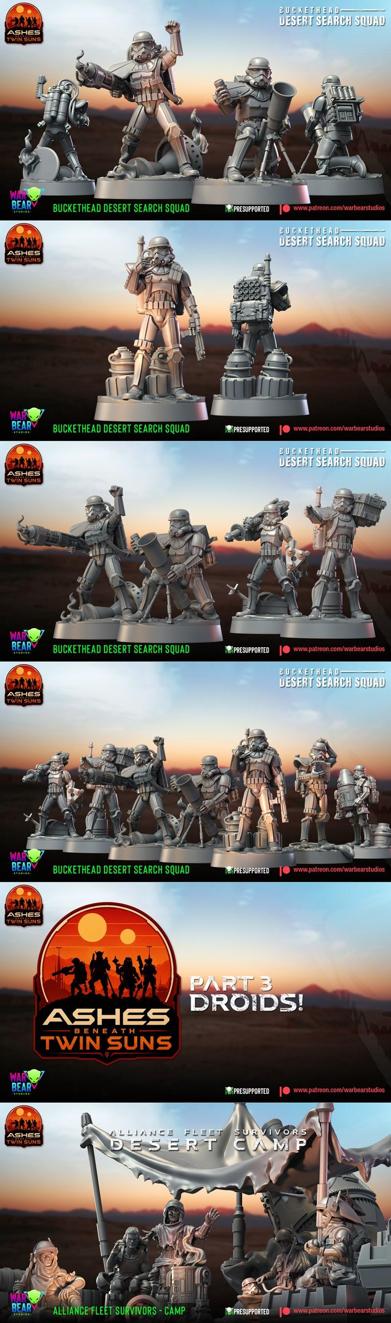 Collection of sci-fi smugglers for 3D printing, including human and alien figures with blasters and cantina props. Wa...