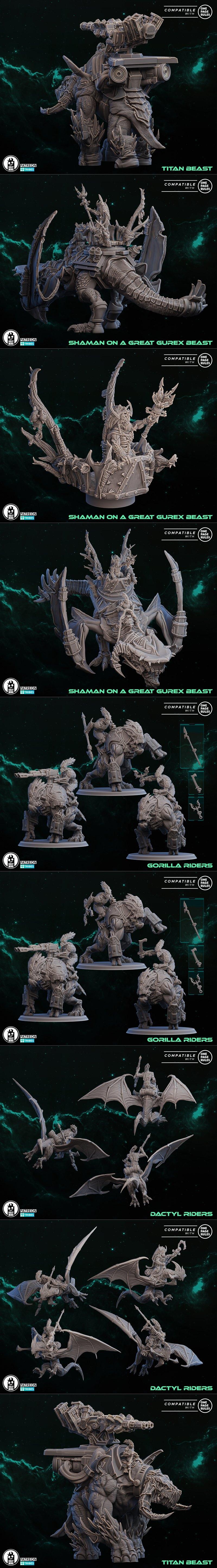 Collection of sci-fi and fantasy miniatures: gorilla riders, dactyl riders, and trackers with AMR weaponry, all on di...