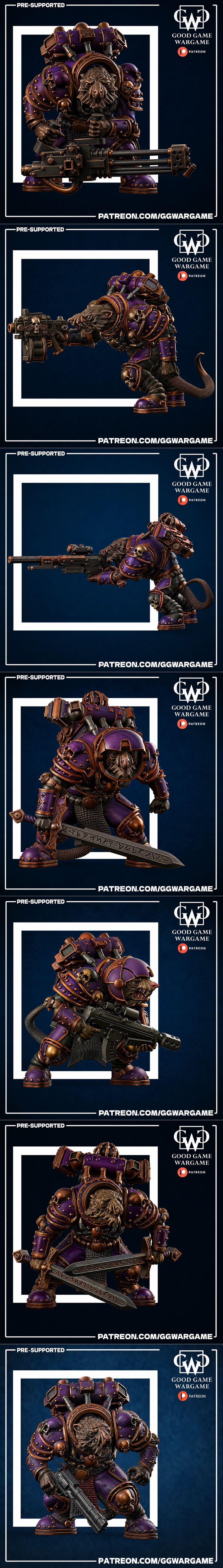 Collection of 3D printable miniatures: Chaos Space Marine with rifle, reptilian warriors with shields and spears, and...