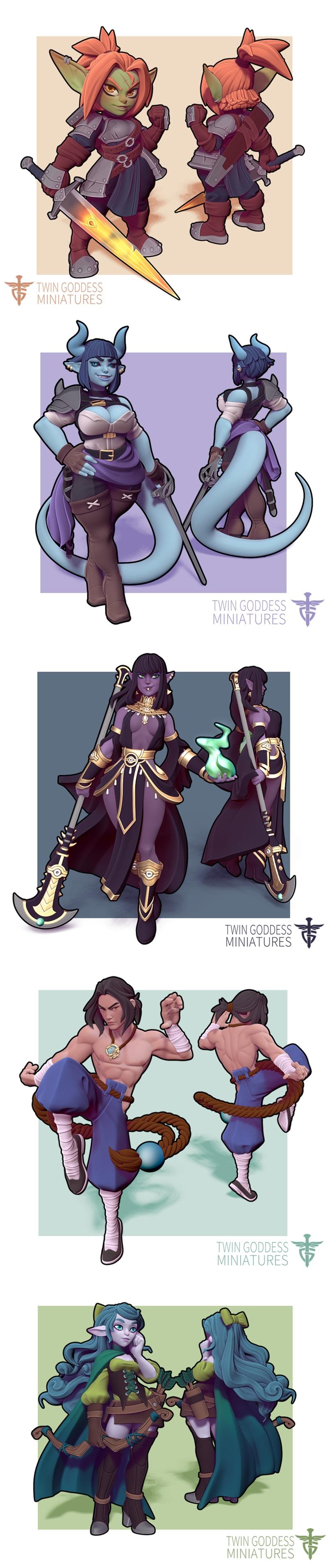 Collection of fantasy miniatures from Twin Goddess Miniatures, featuring female elves and warriors with swords and bo...