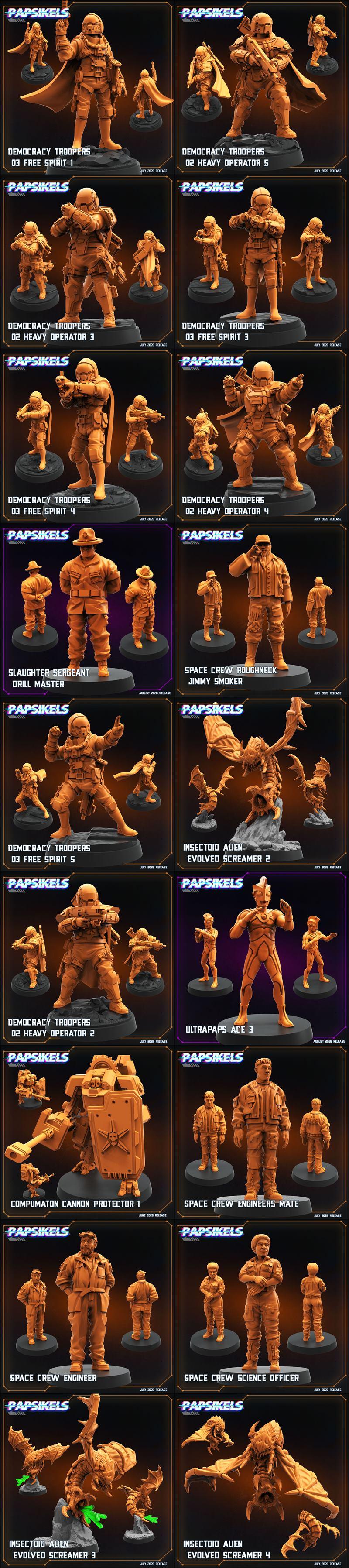 Collection of 3D printable miniatures: futuristic covert operatives with sci-fi weapons and a group of civilian-attir...