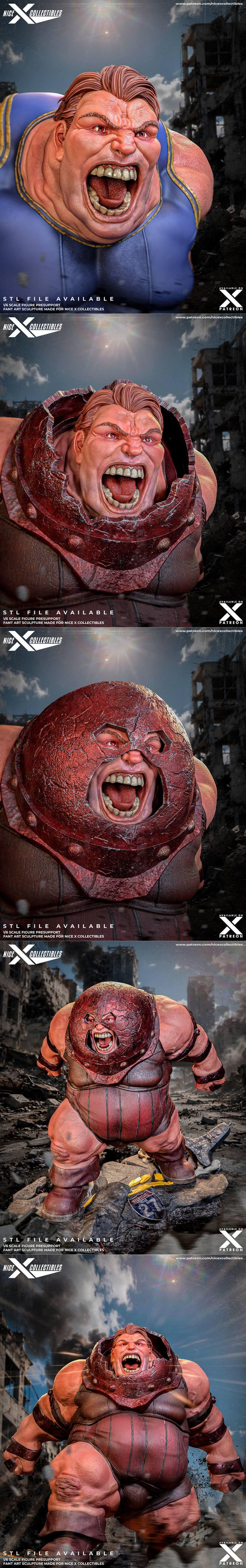 3D model of Juggernaut and Blob from X-Men, roaring in a battle-damaged environment. Juggernaut is muscular, wearing...