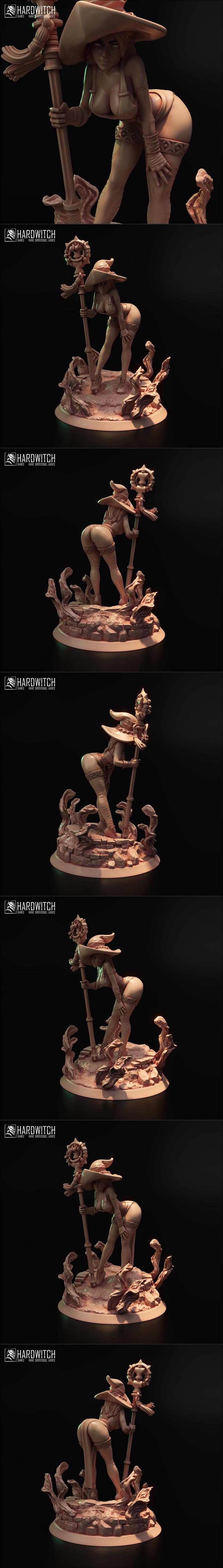 Brietta Stax, a witch with a revealing outfit and a staff, posed dynamically on a rocky base with green magical effects.