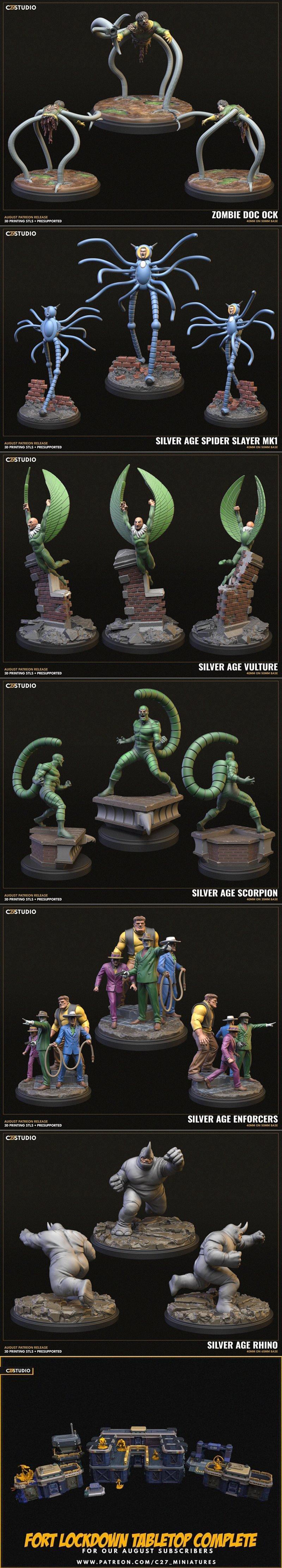 Collection of 3D printable miniatures: Shockler, Green Goblin on glider, Black Cat with a cat, Mary Jane in jeans, Kr...