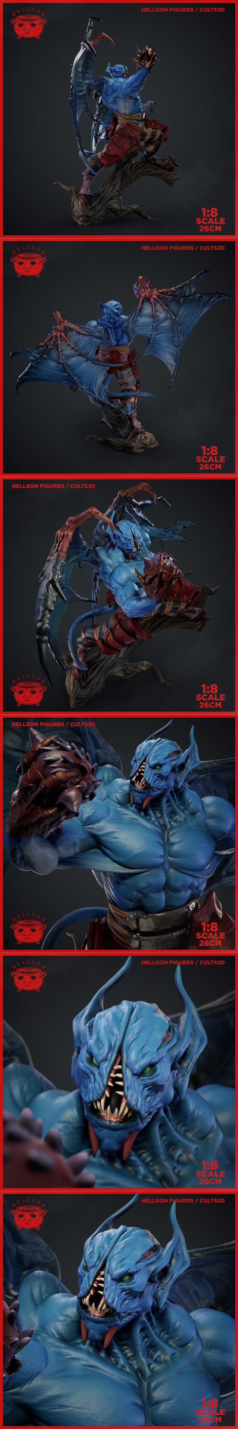 1:8 scale 3D print model of Dota 2's Night Stalker, a blue-skinned demon with large wings and red armor, posed dynami...