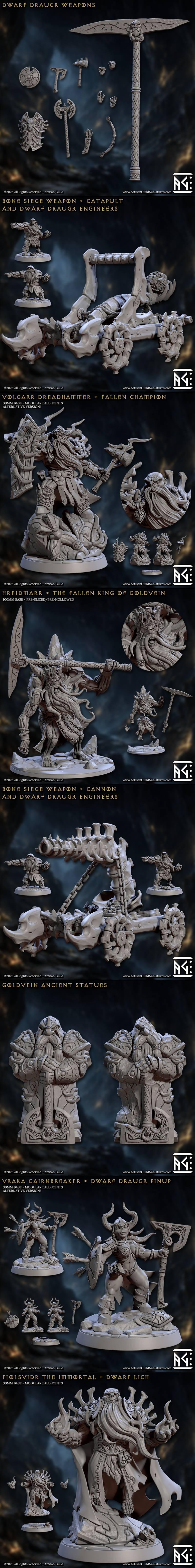 Collection of fantasy miniatures including Dwarf Draugr warriors with axes, shields, and bows, and a bone siege weapo...