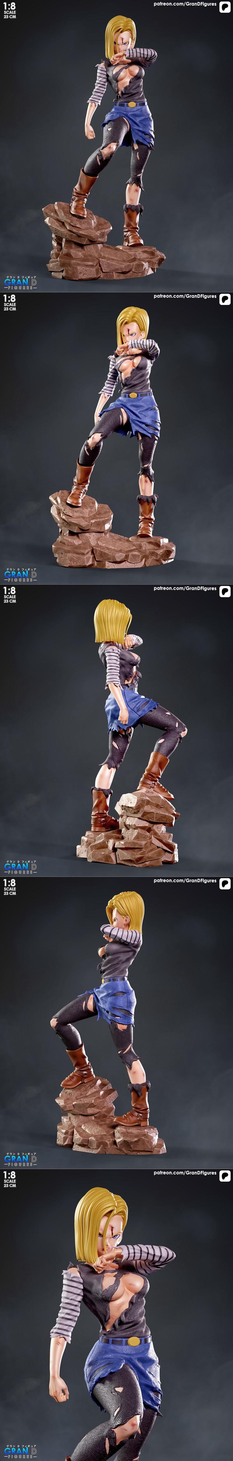 1:8 scale 3D model of Android 18 from Dragon Ball, standing on a rocky base, wearing torn clothing, with an alternate...