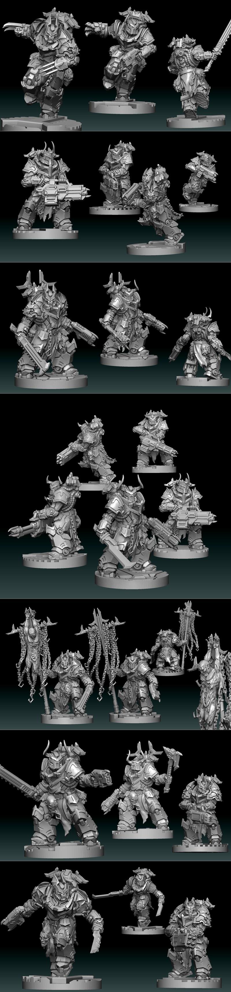 Collection of armored, demonic miniatures with swords, axes, and guns on round bases. One figure carries a chained ba...