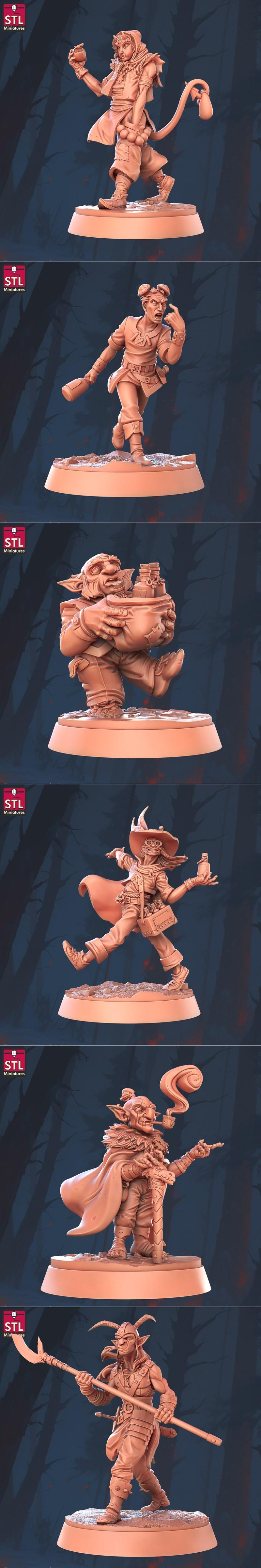 Collection of fantasy miniatures including a goblin merchant with a cart, a crafter at a workbench, and a figure hold...