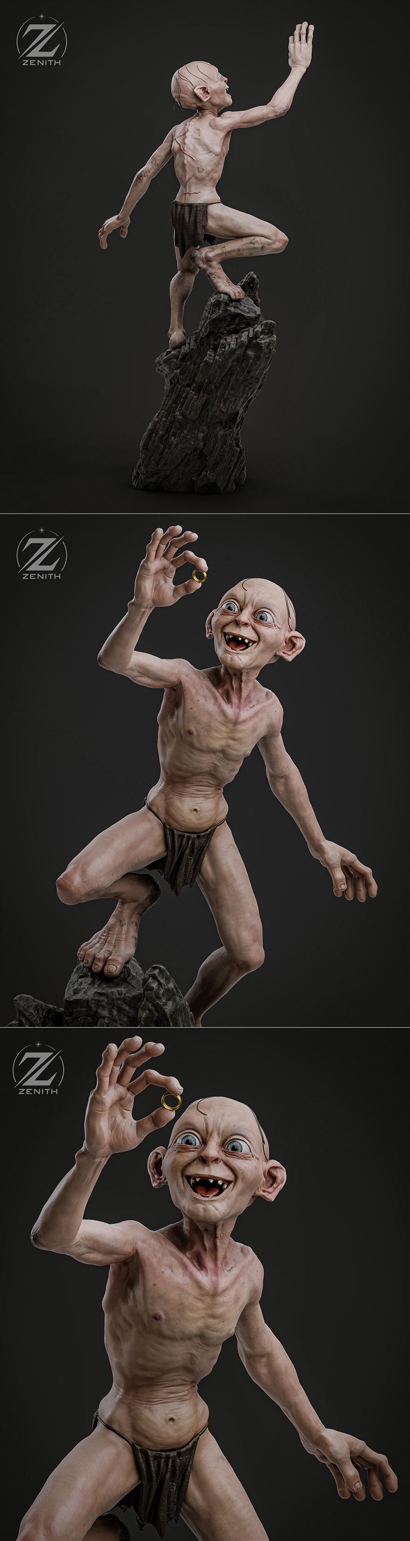 Gollum figure from The Lord of the Rings, posed on a rock, holding the One Ring, by Zenith Studios.