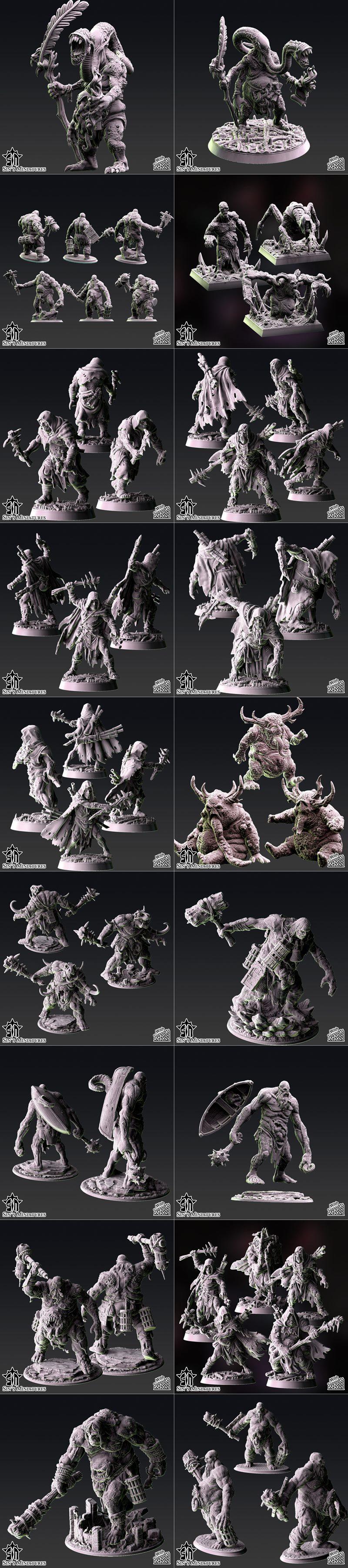 Collection of demonic miniatures with horns and grotesque features, displayed on small bases. Includes large and smal...