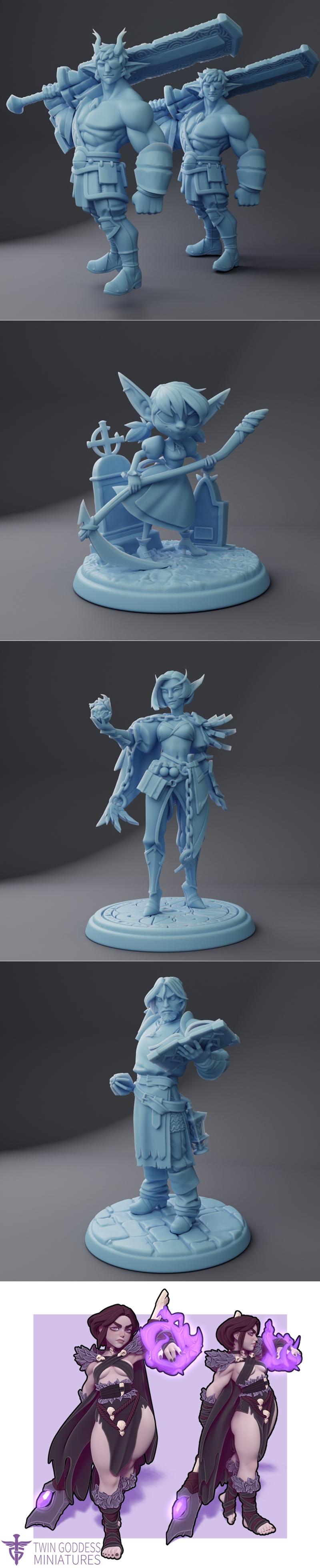 Collection of fantasy 3D printable miniatures: a large male warrior with a sword, several female figures with scythes...