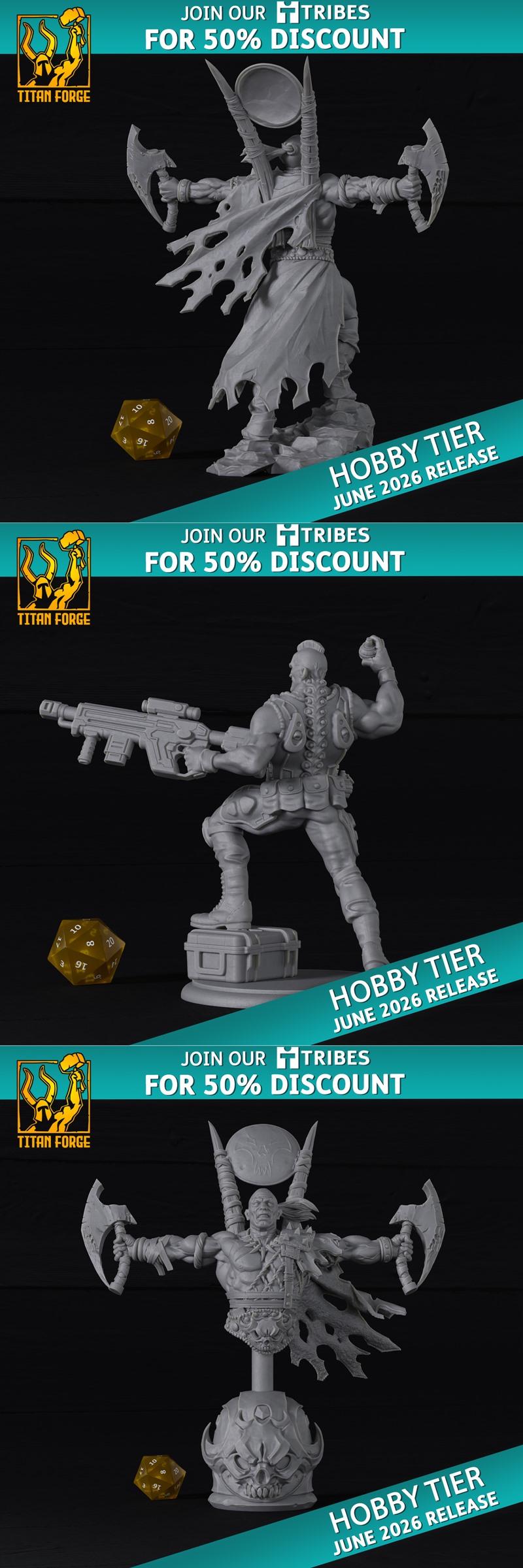 Collection of 3D printable miniatures: a multi-axe barbarian, a sci-fi archer with a rifle, and busts of both charact...