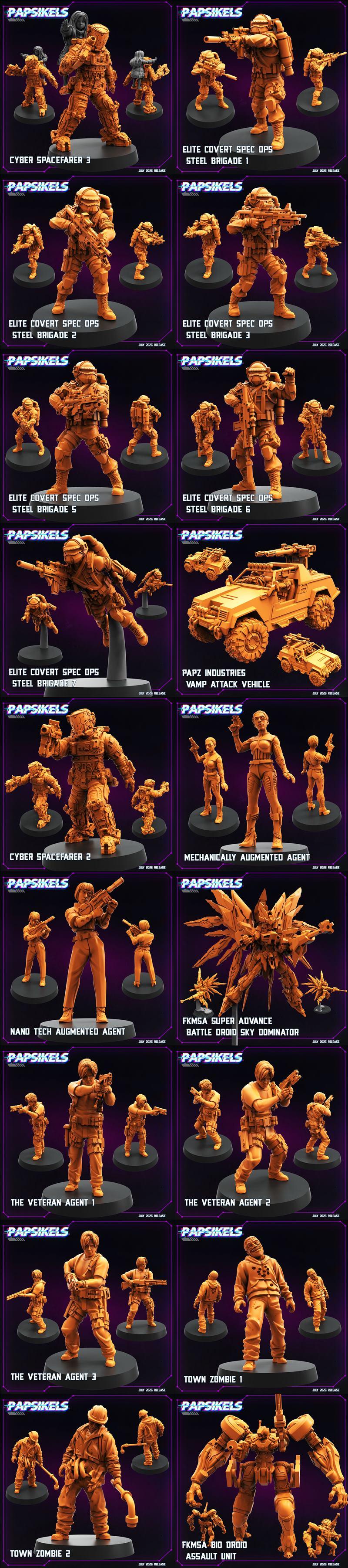 Collection of 3D printable miniatures: futuristic covert operatives with sci-fi weapons and a group of civilian-attir...