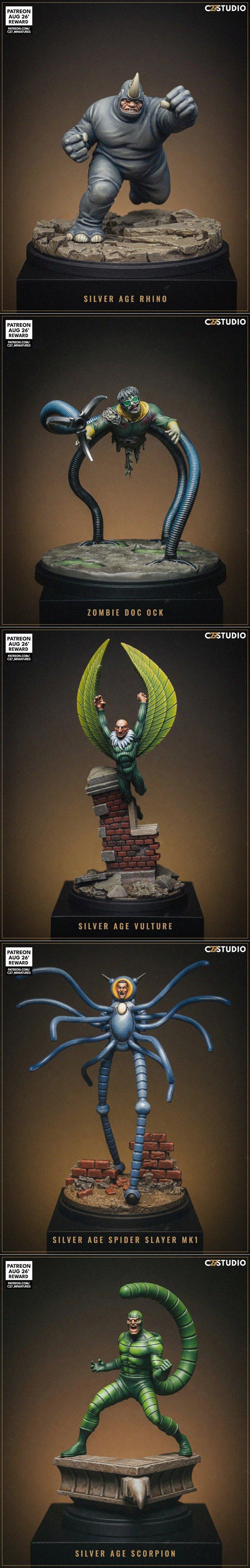 Collection of 3D printable miniatures: Shockler, Green Goblin on glider, Black Cat with a cat, Mary Jane in jeans, Kr...
