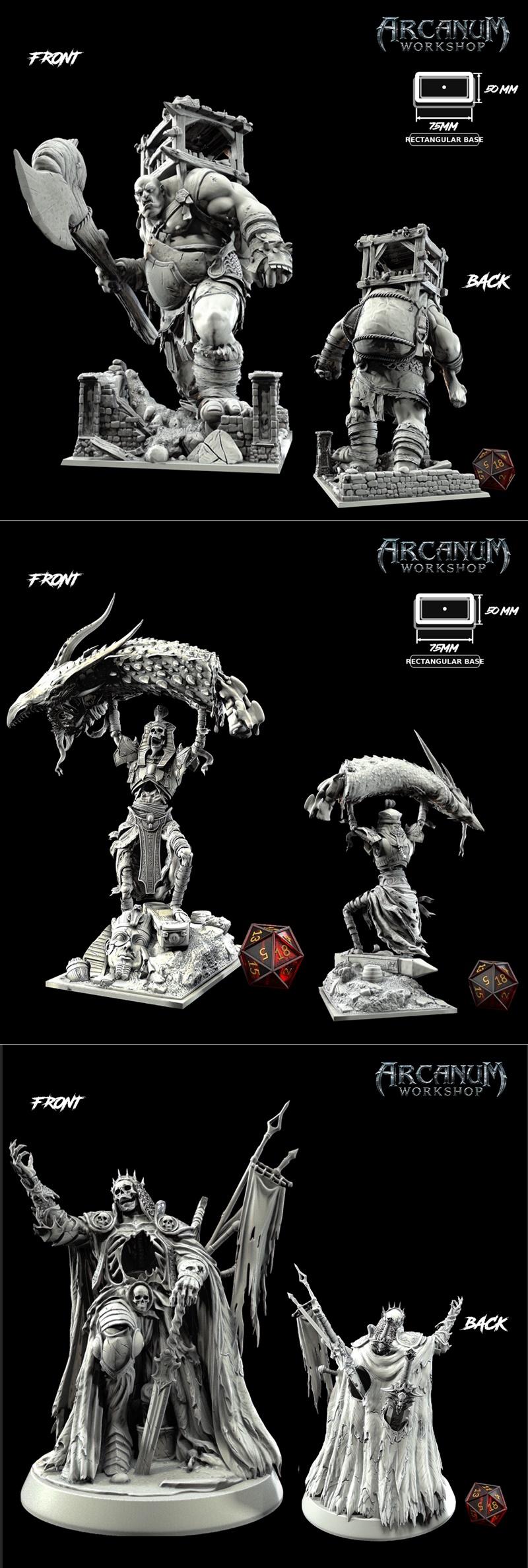 Collection of four fantasy miniatures: a Giant Water Troll, a Siegeback Giant with an axe, an Egyptian Bones Giant, a...