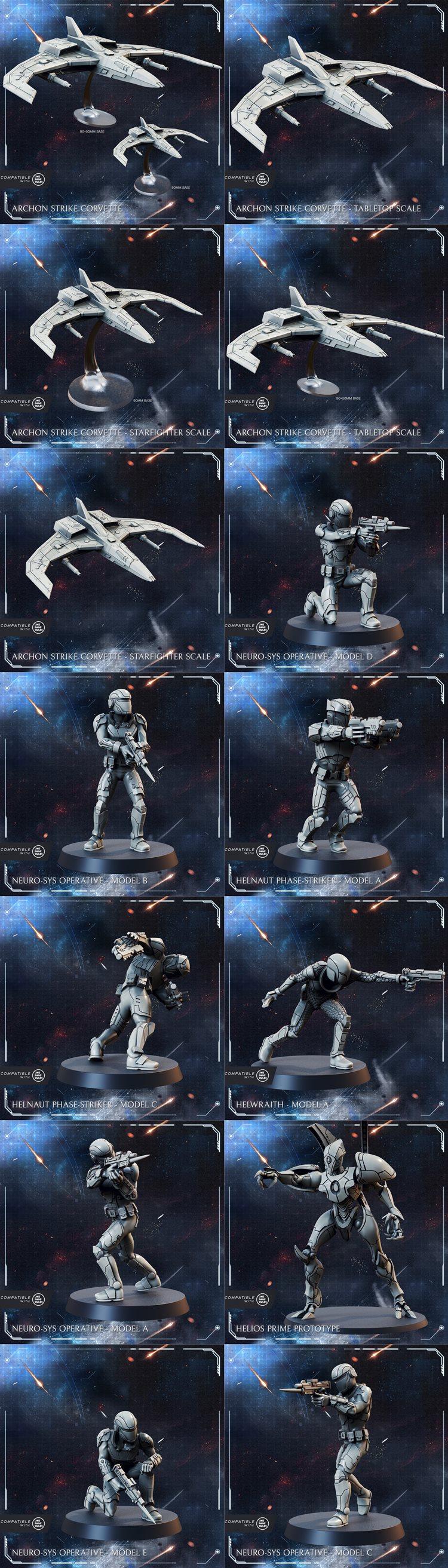 Collection of sci-fi 3D printable miniatures: a large spaceship, mechs, and soldiers in various combat poses, labeled...