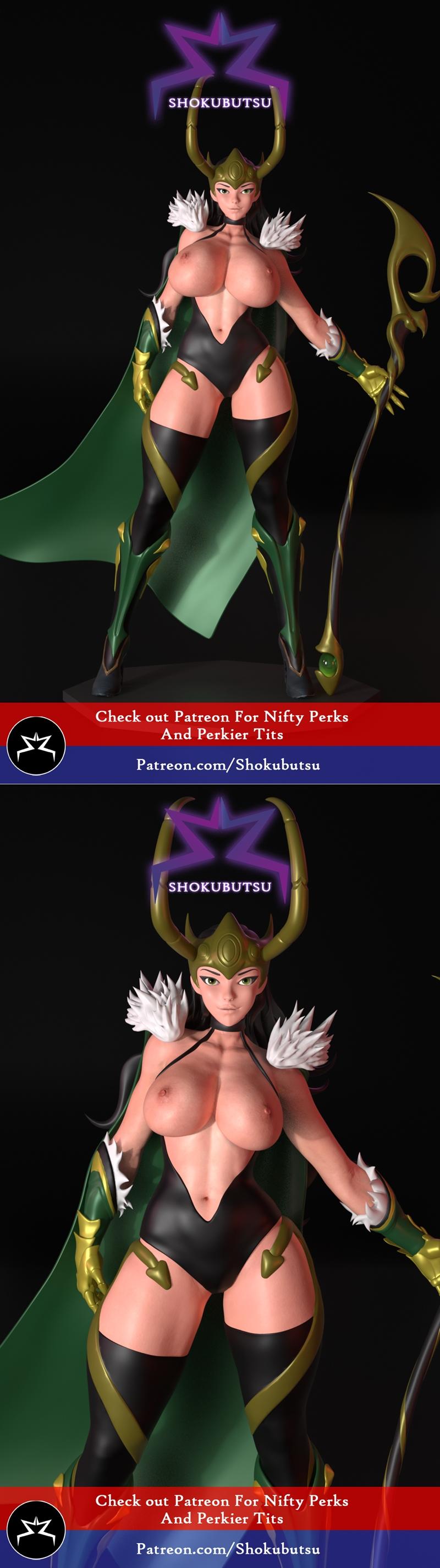 Stylized 3D model of Lady Loki in a green and gold outfit, wearing a horned helmet and holding a staff.