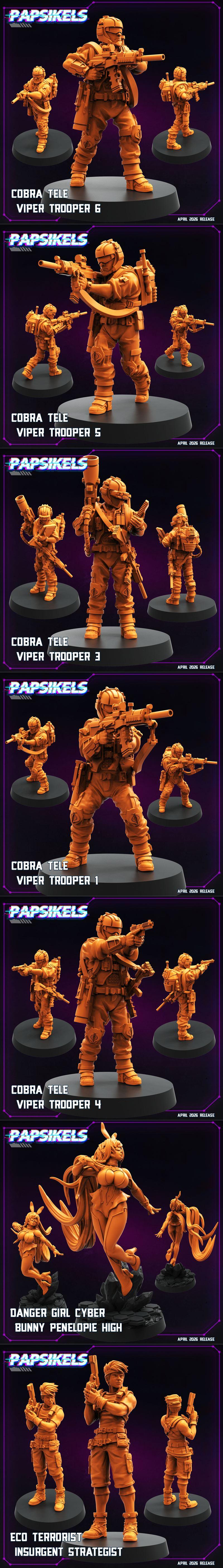 Collection of 3D printable miniatures: Cobra Tele Viper Troopers in tactical gear and Danger Girl Cyber Bunny Anyong...