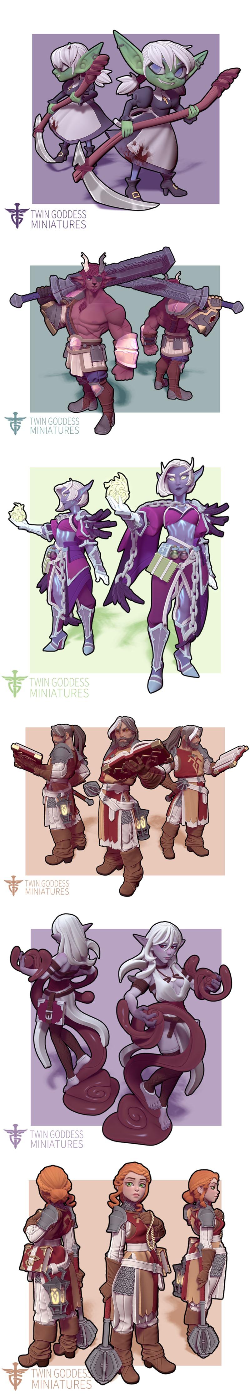 Collection of fantasy 3D printable miniatures: a large male warrior with a sword, several female figures with scythes...