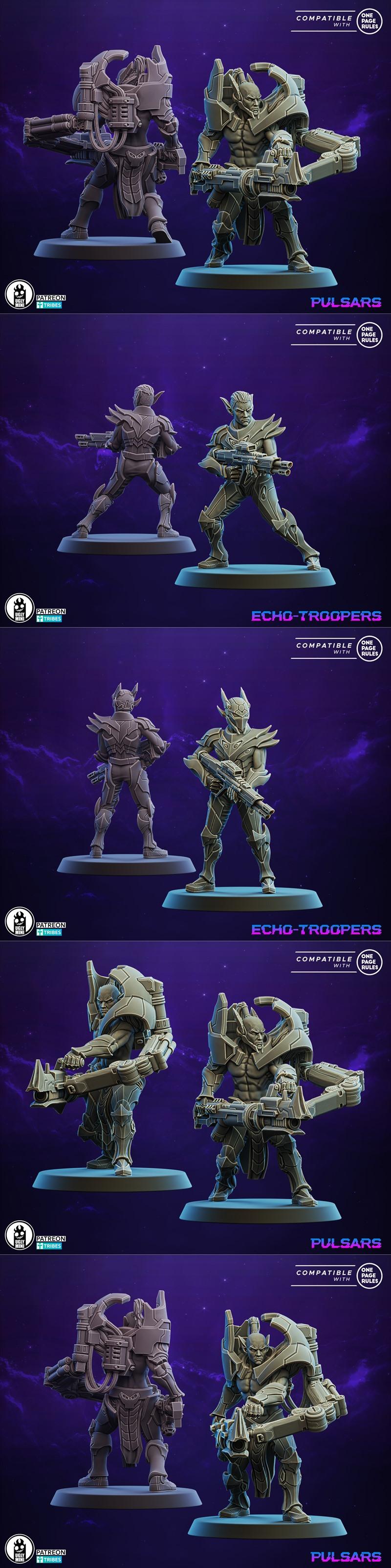 Collection of sci-fi female miniatures with futuristic armor and weapons, including Echo-Troopers and Voidrix, on dis...