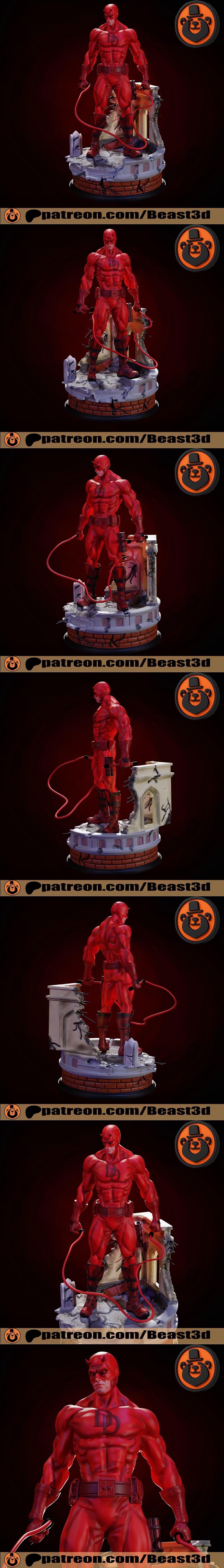 3D model of Demolidor (Daredevil) in a red suit, holding billy clubs, standing on a ruined urban base.