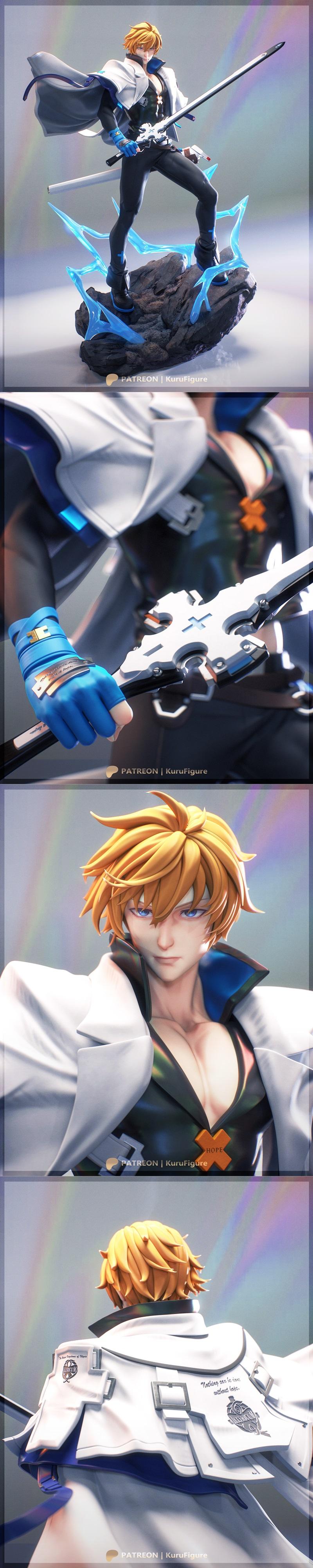 Ky Kiske figure with sword, standing on a rocky base with blue lightning effects, wearing a white coat and dark pants.