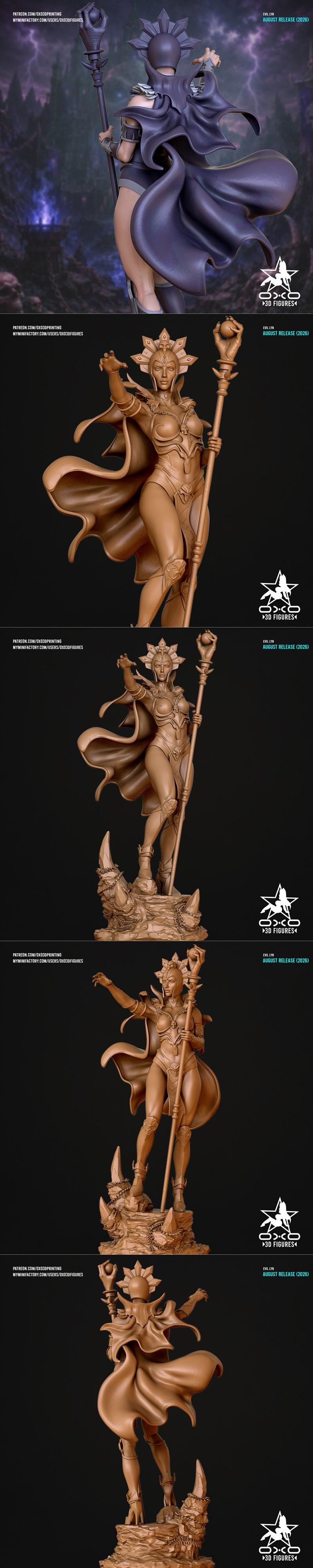 Evil Lyn figure with ornate armor, flowing cape, and staff, standing on a rocky base with lava accents.