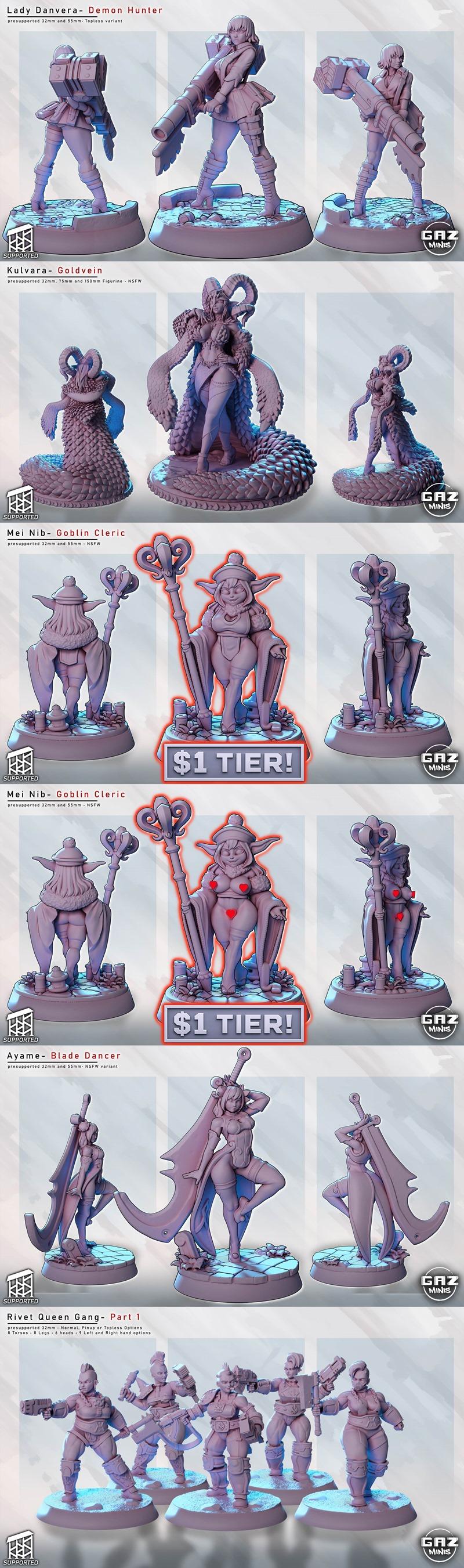 Three distinct 3D printable miniatures: a golden naga-demoness, a female demon hunter with a large gun, and a female...