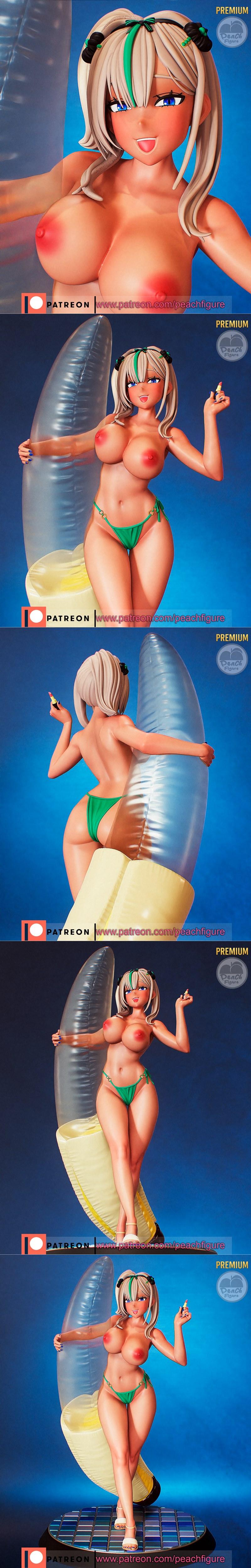 Nebris from Brown Dust 2 in a green bikini, holding lipstick, with an inflatable tube on a patterned base. Anime-styl...